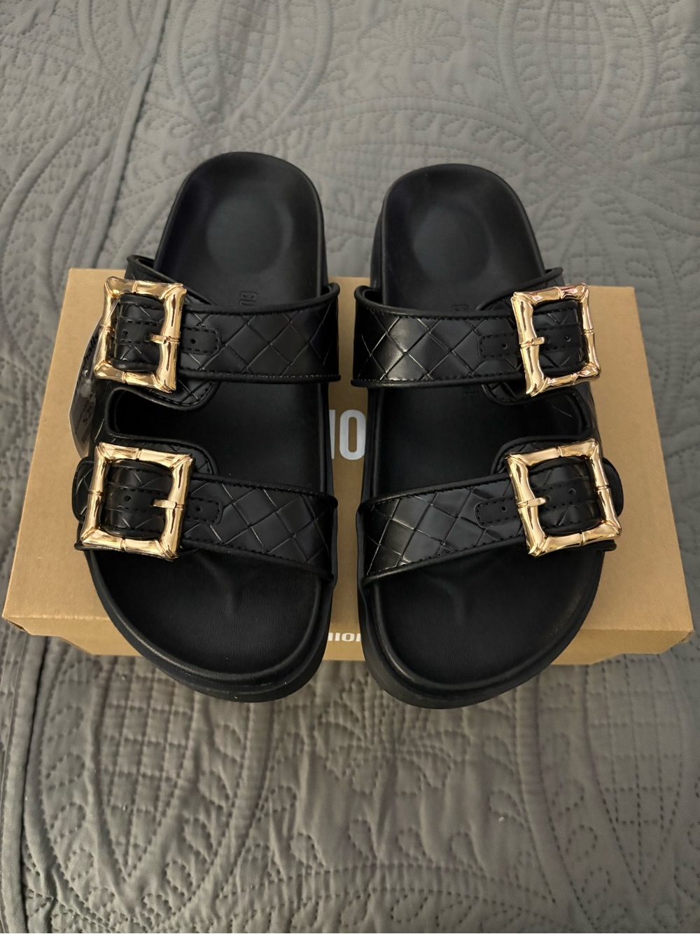 Women's Cushionaire Black Quilted Double-Buckle Slide Sandals with Gold Buckles